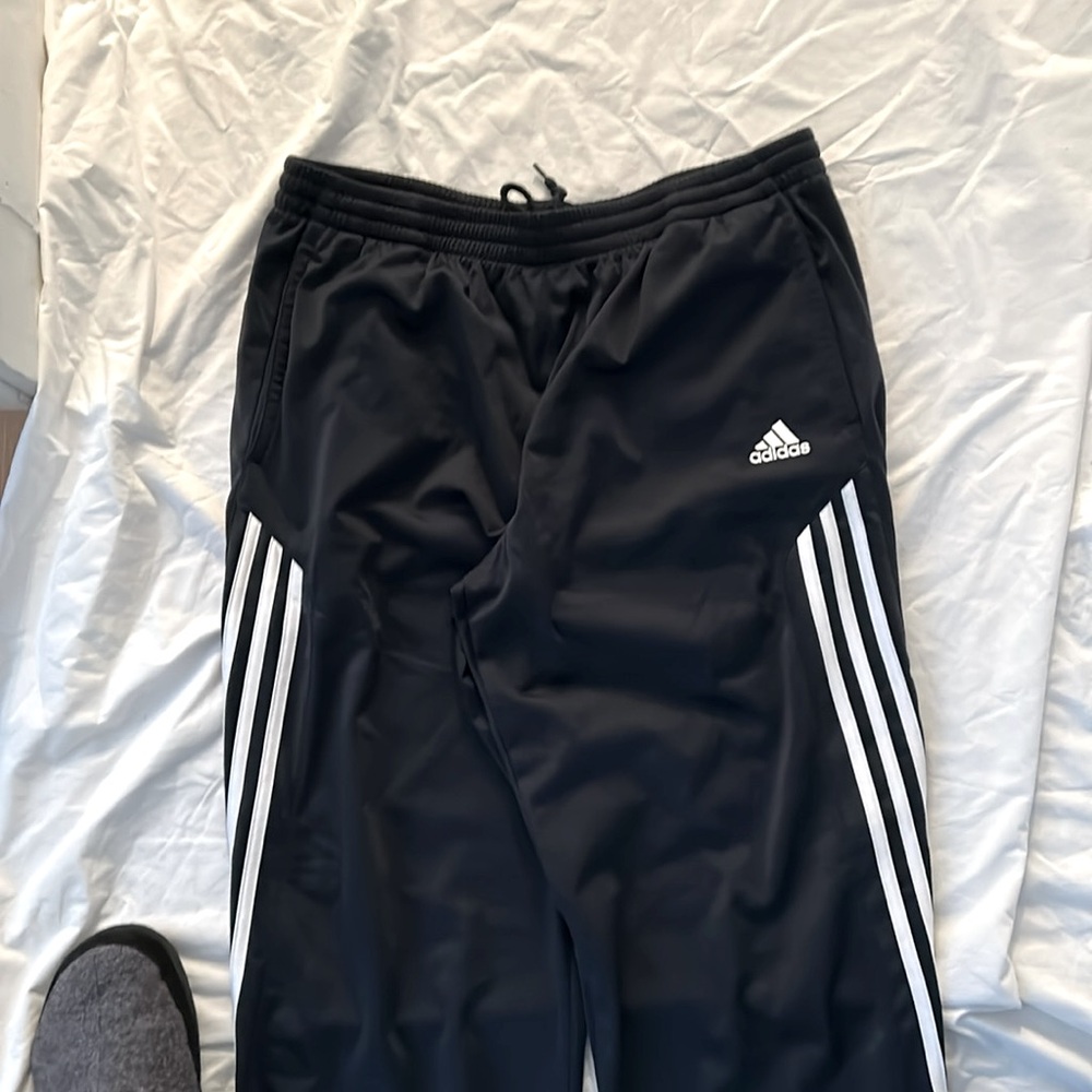 Size L ,32 inseam..Adidas, track pants, men’s three stripes legs, navy blue.